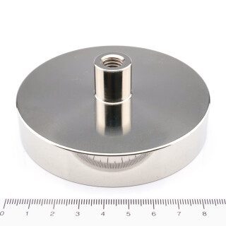 Neodymium flat pot magnets Ø 90 x 18 mm with screwed bush M10